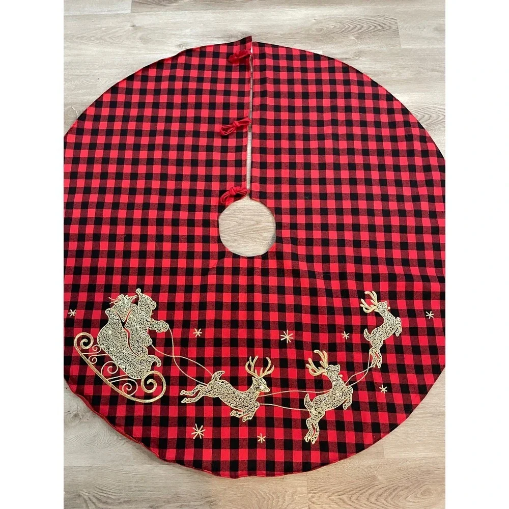 Jingles Joy Red Black Buffalo Plaid‎ Christmas Tree Skirt Santa Sleigh Reindeer